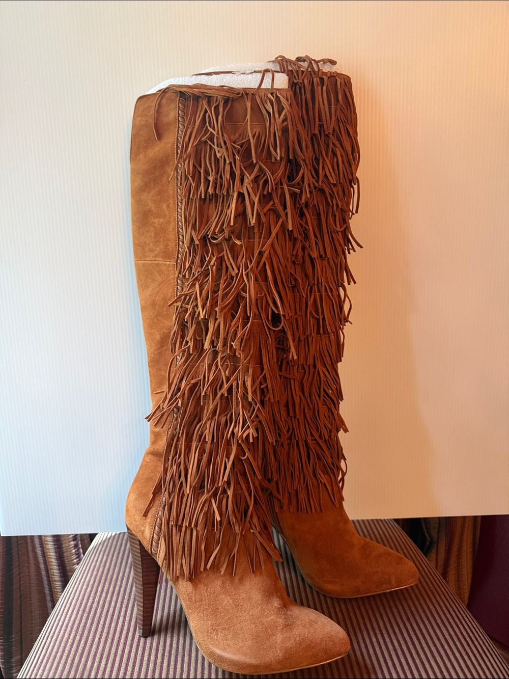 Steve Madden Maraka Fringe Suede Knee-High Stiletto Boots in Brown